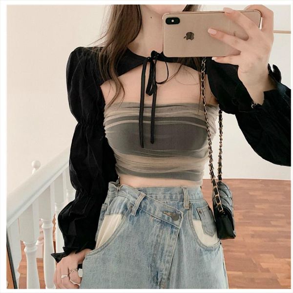 

black blouse shirt womens autumn puff sleeve slim fit long sleeve blouse design non mainstream ultra short drop shipping, White