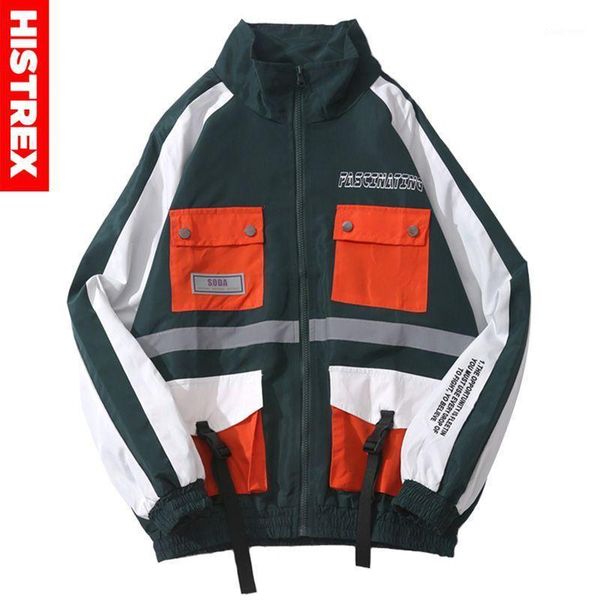 

hip hop jacket windbreaker multi pockets men harajuku jackets streetwear color block track jackets coat swag ribbon autumn 20201, Black;brown