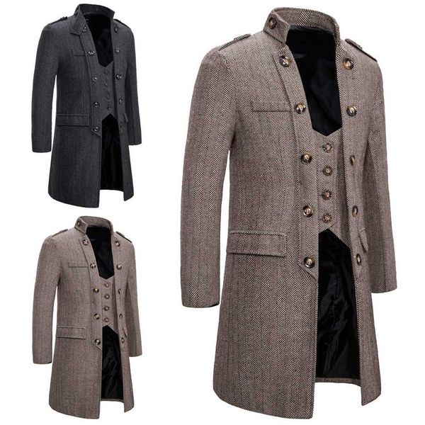 

autumn and winter new men's european medium long fake two piece coat large slim windbreaker woolen man, Tan;black