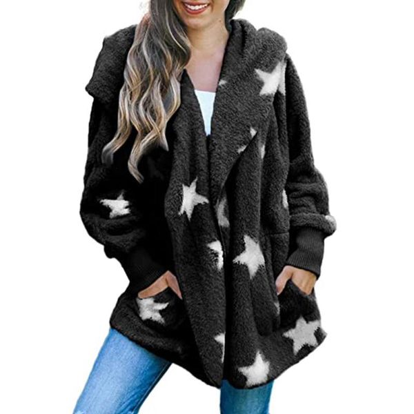 

women star print fuzzy fleece oversized open front cardigan hooded faux fur long sleeve warm jacket outerwear coat, Black;brown