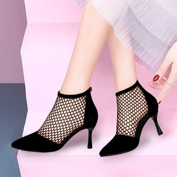 

mode dig ankle summer for malha patchwork pointed finger leaping high women boots mujer 2020, Black