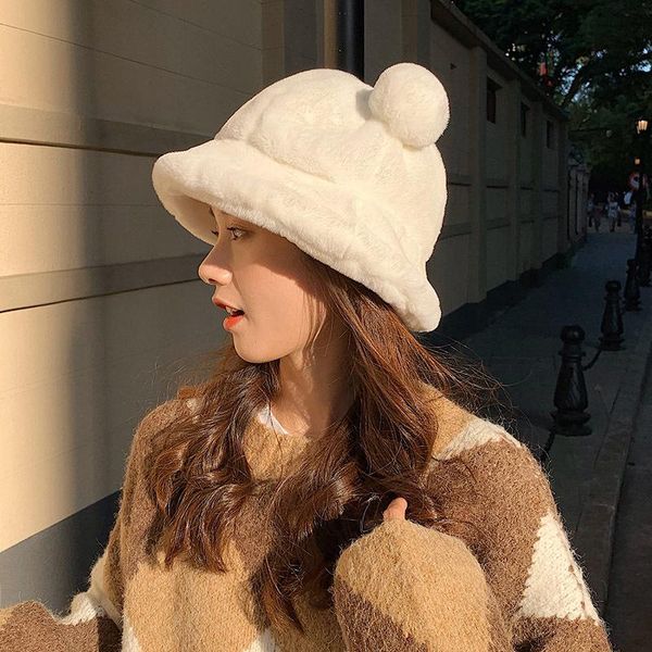 

fashion autumn winter leopard fur bucket hat bear ear ball plush fisherman hat soft warm thick basin protection bucket hats, Blue;gray
