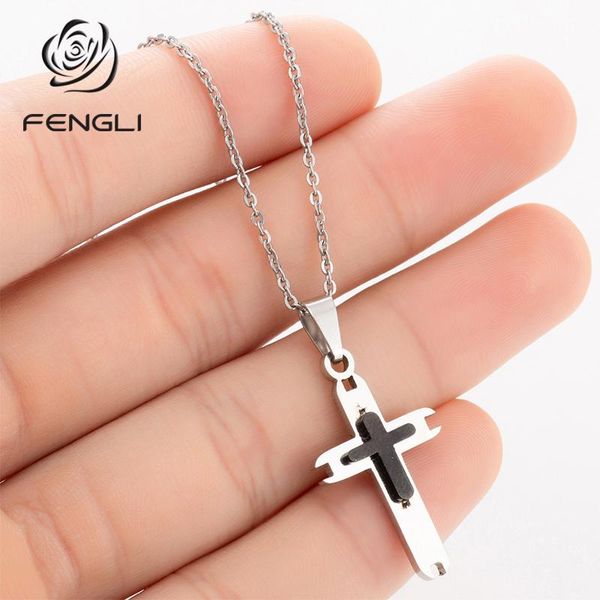 

pendant necklaces fengli two-tone cross necklace for women men titanium steel double geometric chain statement boyfriend jewelry, Silver