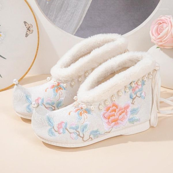

boots womens embroidery floal pearls ankle hanfu fur liner warm snow winter wedge high heel chipao shoes chinese style white1, Black