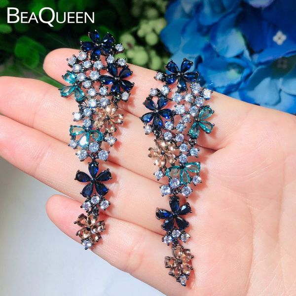 

beaqueen blue champagne multicolor cz crystal long hanging drop cubic zircon flower earring for women wedding dress jewelry e391, Silver