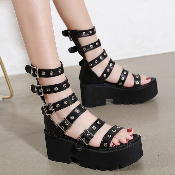 

high heels 2021 summer open-toed fine straps open-toed belt buckle roman sandals waterproof platform high heels, Black