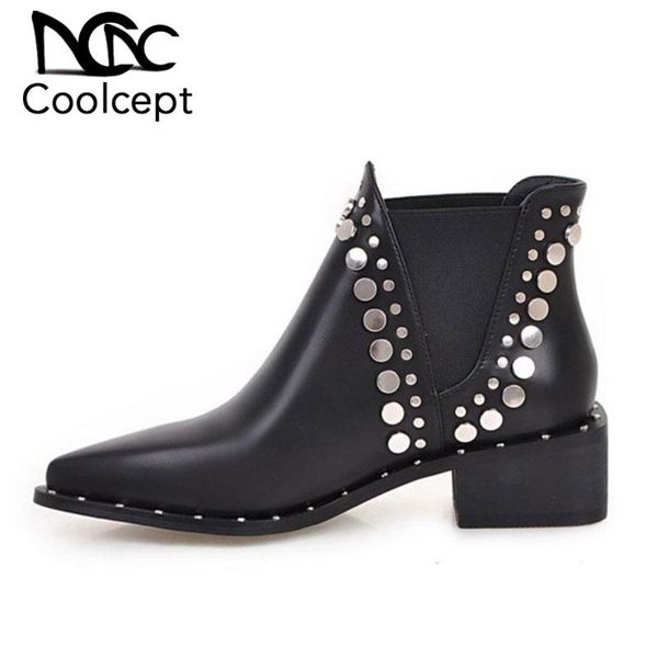 

kemekiss women ankle boots pointed toe rivets square heel shoes autumn winter warm fur boots women size 35-40, Black