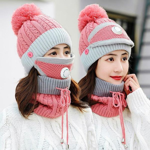 

winter warm 3 pieces set anti dust riding mask knitted patchwork hat fashion adjustable belt round scarf outdoor accessories, Blue;gray
