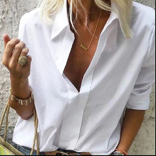 

womens deep v neck long sleeve shirt plus size 3xl solid office loose shirts female 2021 spring casual blouses women, White