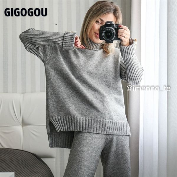 

gigogou cashmere woman sweater tracksuits wide leg pants set 2 pieces warm clothing sets knitted straight suits 220315, White
