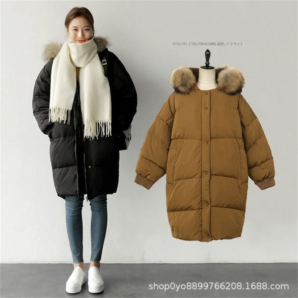

winter jacket female coat fur collar warm loose down parka casual long hoodie down cotton jacket women 201007, Black