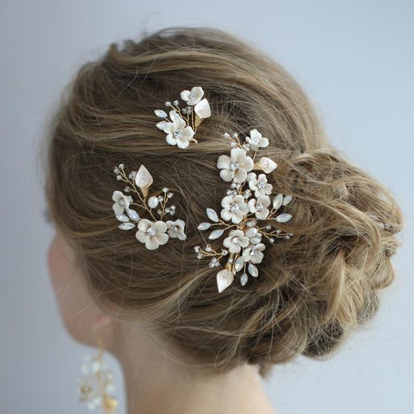 

porcelain flower wedding headpiece freshwater pearls bridal hair bobby pins set fashion women hair accessories bridesmaid, Golden;silver