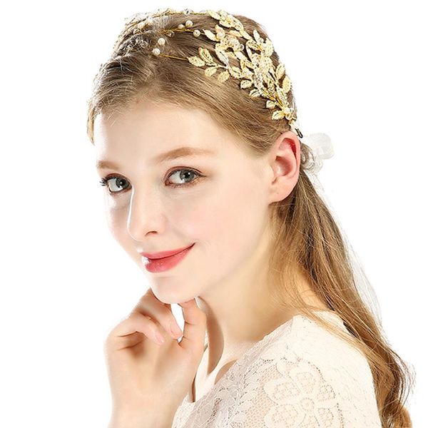 

gold wedding bridal jewelry pearl crystal handmade tiaras crown women vintage leaves rhinestone hair accessories women hair wear, Golden;silver