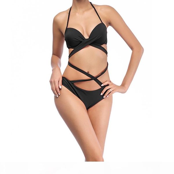 

2018 new arrival high waist women bikini set solid cross bandage halter two piece swimwear female brazilian biquini, White;black