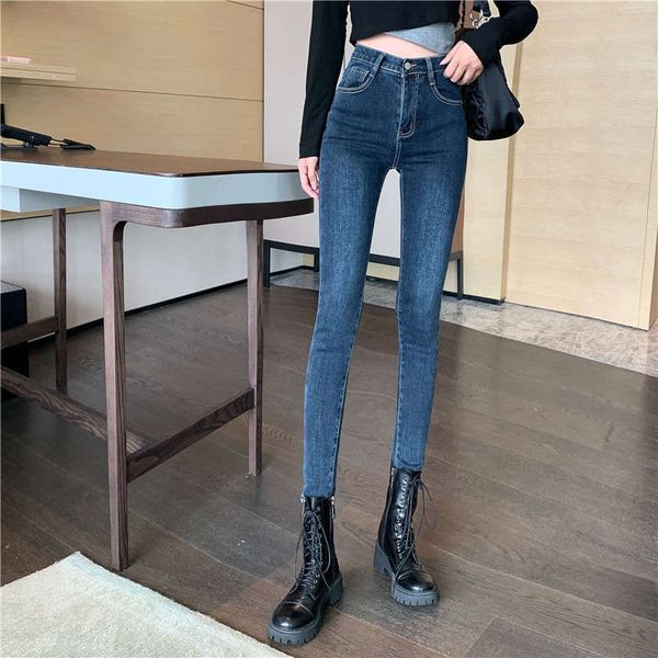 

with enjun] a3161 high waisted plush women's jeans autumn and winter new slim little foot pencil pants, Blue