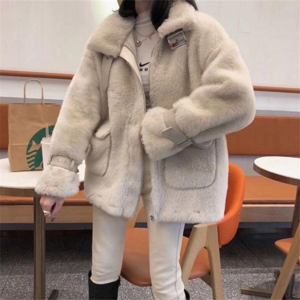

women's fur & faux 2021 winter women korean furry coat female casual fluffy warm thick long sleeve outerwear hairy overcoat o38, Black