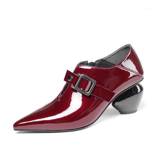 

women genuine leather shoes woman high heel pumps with buckle big size slip on 2021 spring autumn new fashion, Black