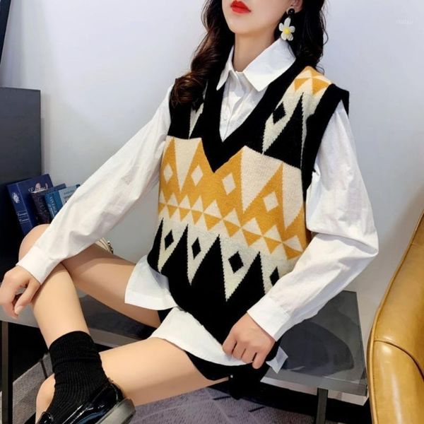 

women's sweater vest spring/autumn korean sweet style diamond-shaped puttern sleeveless oversize waistcoat single-breasted coat1, Black;white