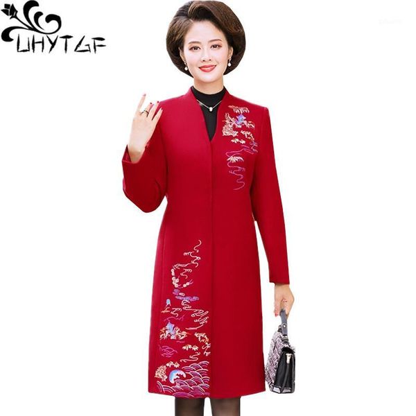 

uhytgf autumn coat female fashion embroidery wool jacket elegant woman loose 5xl plus size jacket casual winter woolen coat 11701, Black