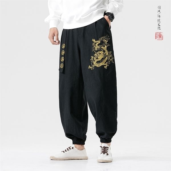

mrdonoo chinese style dragon embroidery casual harem pants wide leg joggers trousers with belt loose ankle banded pants male 201114, Black