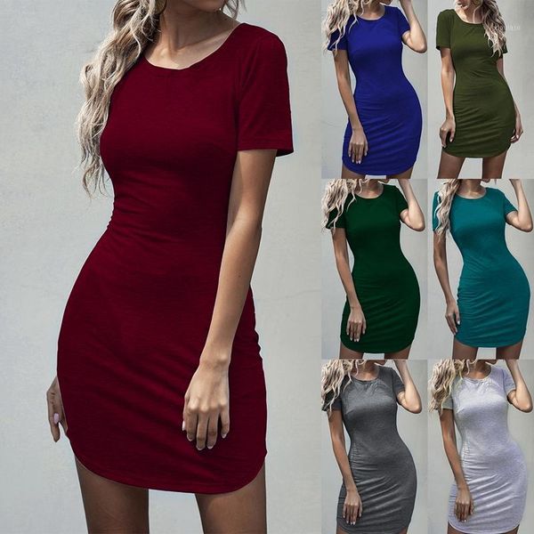 

womens summer dresses o-neck dress casual solid color short sleeve slim mini dresses1, Black;gray