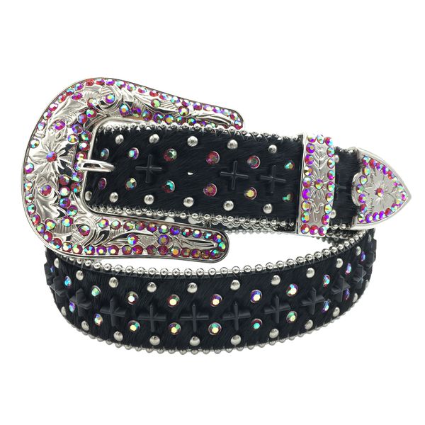 

20custom ab red rhinestones rivet cross conchos decoration wave bead chain edge western ladies black horsehair full leather belt for men, Black;brown
