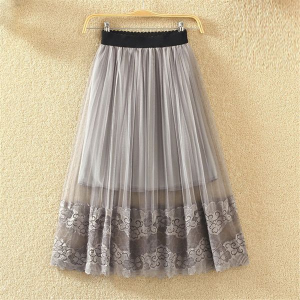 

tide spring summer vintage skirts womens elastic high waist tulle mesh skirt long pleated lace tutu skirt female y1214, Black