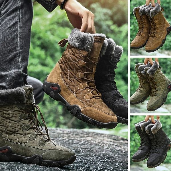 

men winter warm fur plush suede leather & waterproof fabric ankle snow boots male high anti slip rubber work safety shoes #f13k