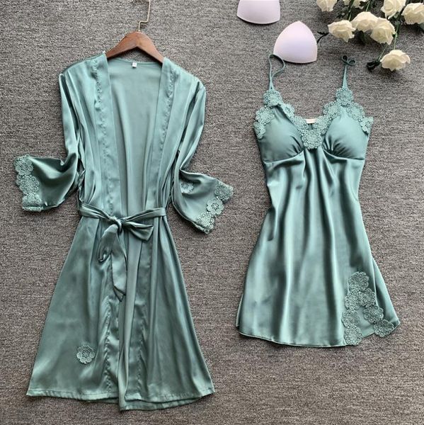 

2020 spring summer solid rayon 2pcs lady kimono robe sets print flower strap nightgown sleepdress loose home clothes1, Black;red