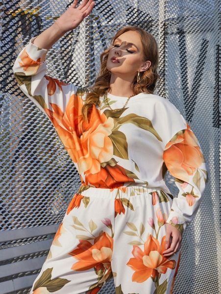 

plus floral print drop shoulder pullover 24eg#, Black