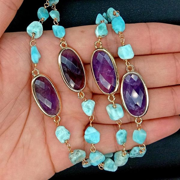 

yygem natural faceted oval amethyst larimar nugget rosary chainbezel set sweater chain wrap necklace 29" q0531, Silver