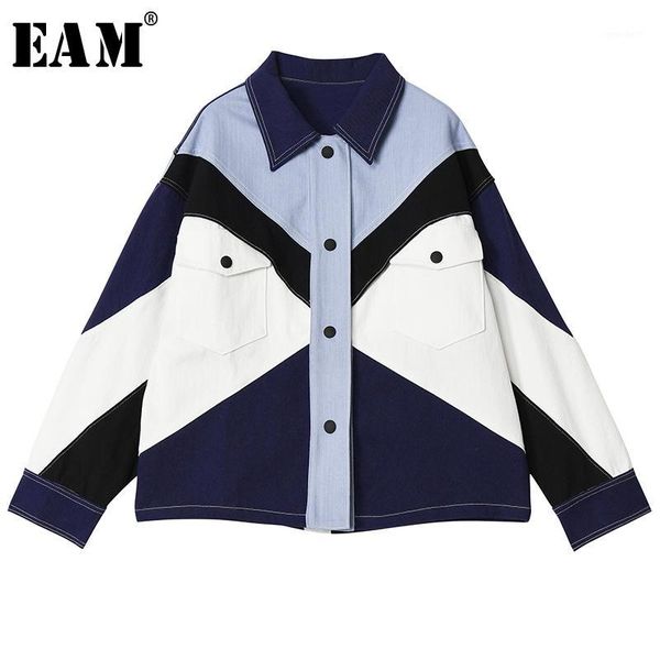 

women's jackets [eam] loose fit contrast color split big size denim jacket lapel long sleeve women coat fashion tide spring 2021 1s2551, Black;brown