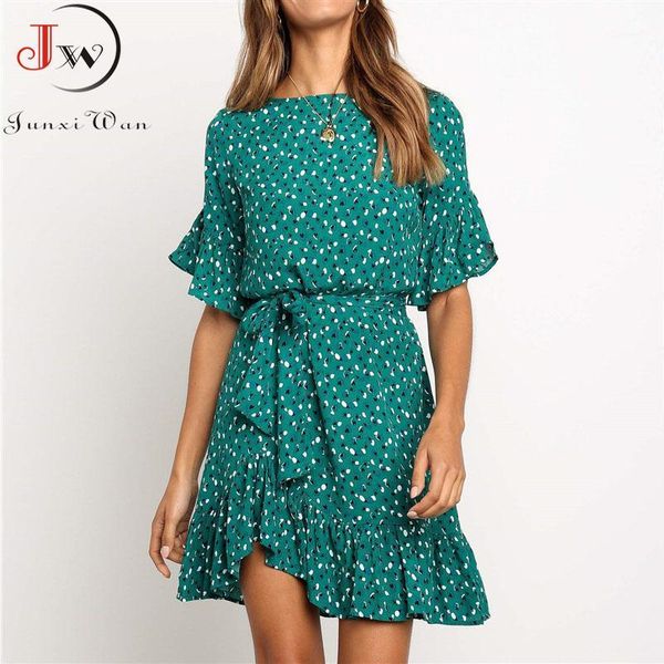 

new summer print floral dress women short sleeves chiffon bohemian dresses beach mini female wrap party dress plus size1, Black;gray