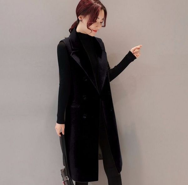 

new 2021 autumn and single winter breasted wool medium long leather sleeveless wild female jacket plus size 5xl y204 gxmx y9h0, Black;white