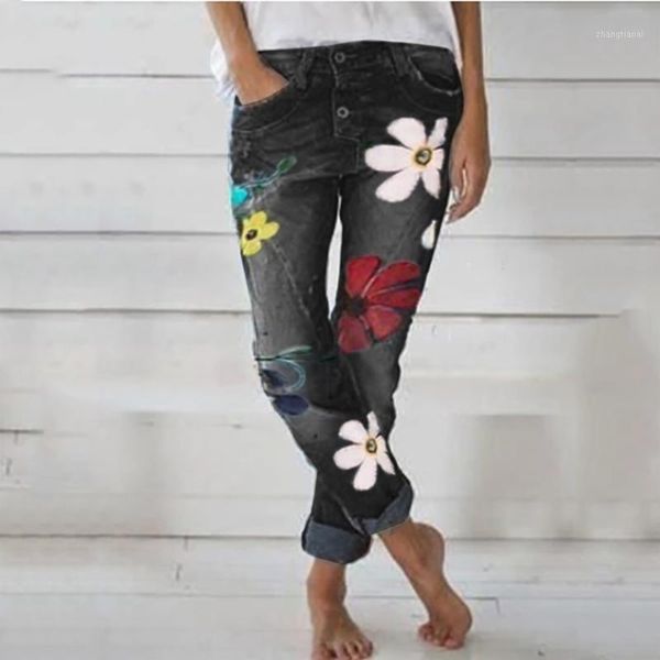 

fashion jeans woman flower printing slim jean femme casual pencil pants #a101, Blue