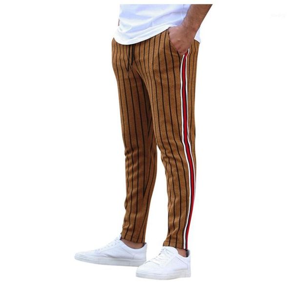 

klv men pants autumn men's fashion men casual stripe print drawstring elastic waist long pants trousers1, Black