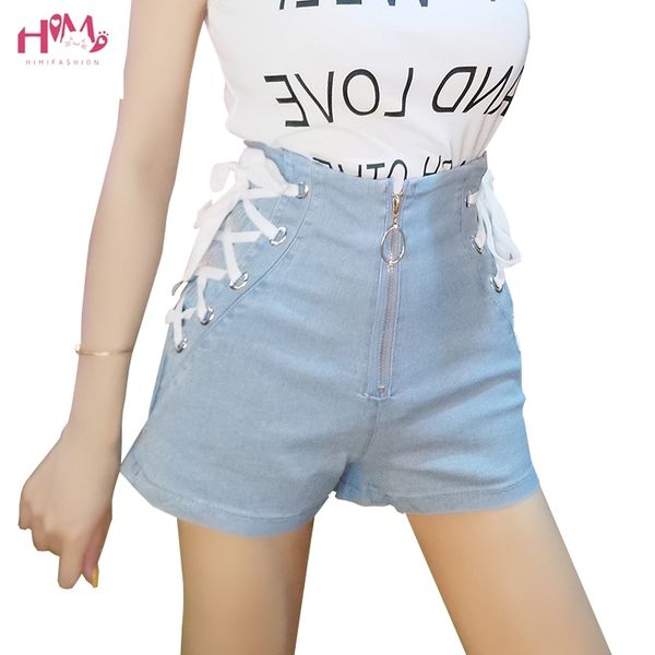 

summer high waist denim shorts for women blue black bandage short jeans korean style harajuku fashion lace up shorts femme y200403, White;black