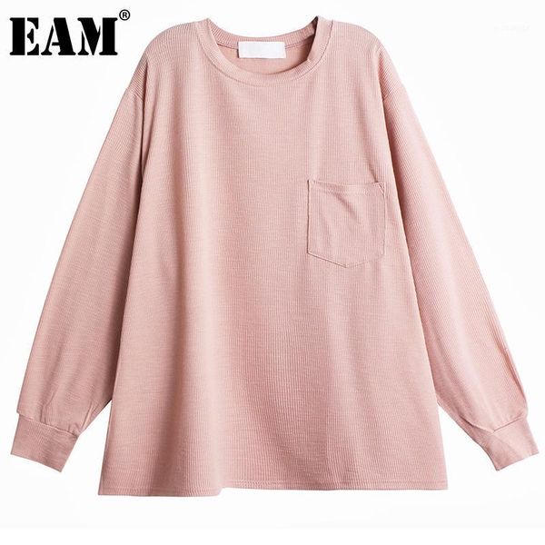 

eam] women single pocket brief solid big size t-shirt new round neck long sleeve fashion tide spring autumn 2020 1dd64941, White