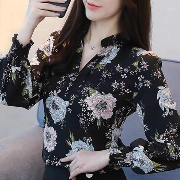 

long sleeve women blouses shirts blusas mujer de moda 2020 blouse women v-neck print chiffon blouse shirt blusa a3471, White