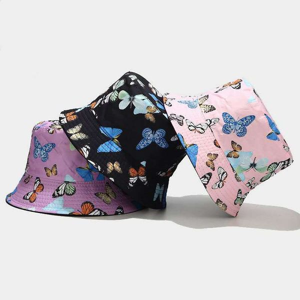 

european and american colorful butterfly pattern fisherman hat accessories female summer cotton double-sided outdoor all-match sunshade deco, Silver