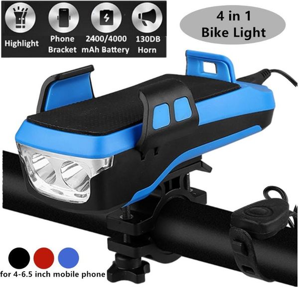 

4 in 1 multi-function bike light 2* t6 led usb rechargeable bike headlight phone holder horn 4000mah power bank bicycle lamp