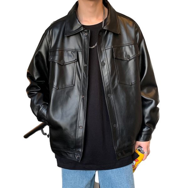 

spring loose soft leather single breasted jacket men casual biker, Black