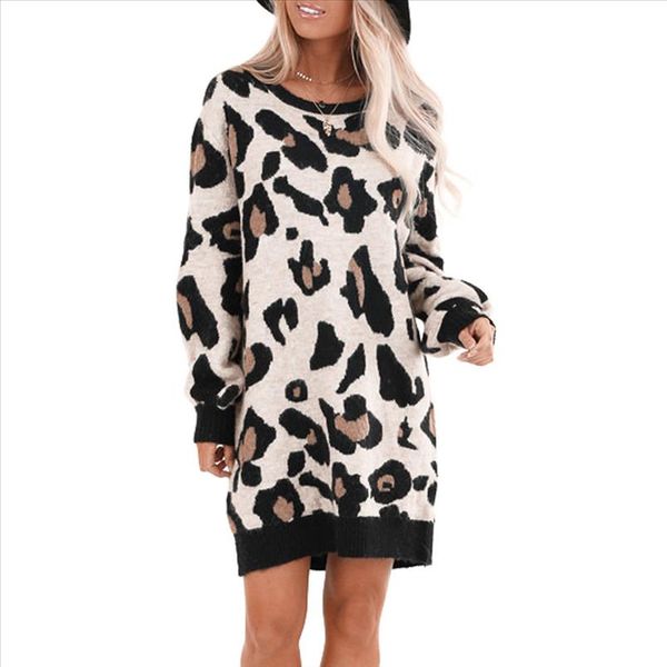

2020 зима новое прибытие женская мода о шеи длинные рукава леопарда печать легко мини платье урожай теплые платье vestidos 2935, Black;gray