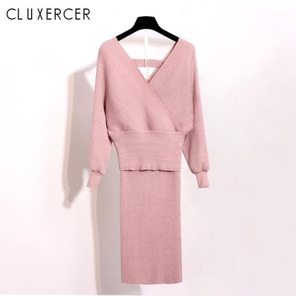 

spring autumn long sleeve knitted sweater and pencil skirt two piece set women elegant v neck pink outfit1, White