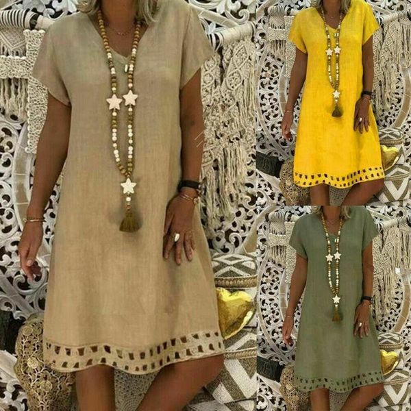 

women boho dress cotton and linen short sleeve summer short sleeve long t shirt casual dress plus size by, Black;gray