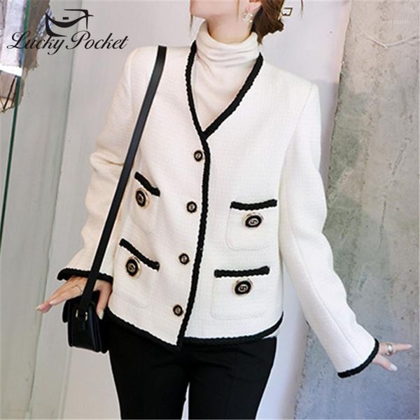 

new women spring autumn brand slim white v-neck patchwork wool woolen coat female england outerwears ladies casual packas zm1521, Black