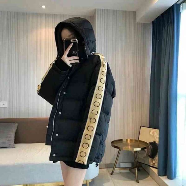 

[real down jacket] printed letters double g jacquard splicing luminous loose men and women with thick net red coat, Black