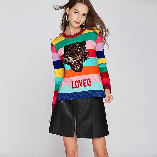 

women rainbow pullovers sweaters femme round neck emboridery tiger loved colourful striped long sleeve sweater winter knitted1, White;black