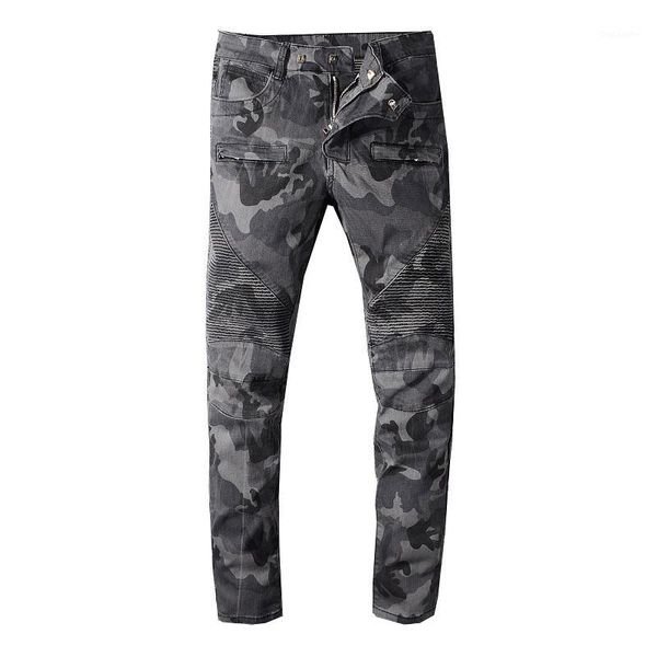 

men's camouflage printed biker jeans for motorcycle zipper pocket pleated slim stretch denim pants1, Blue