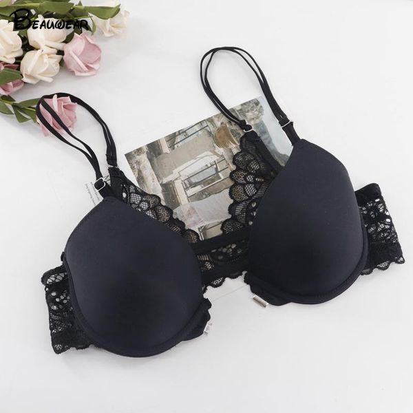 

beauwear front closure scoop push up bras padded underwired adjustable straps lace bras soft a b cup plus size underwear 36-42, Red;black